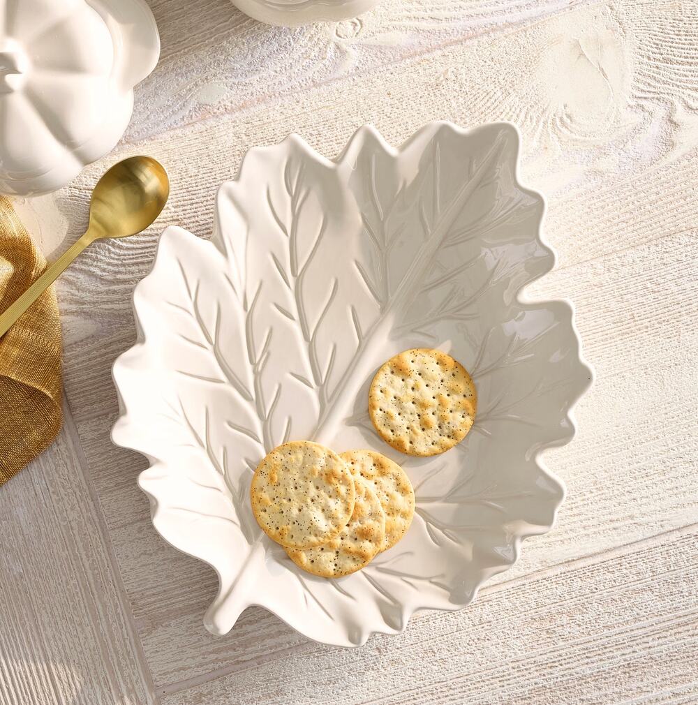 Better Homes & Gardens Figural Leaf Stoneware Serving Platter Cream 12" Holiday